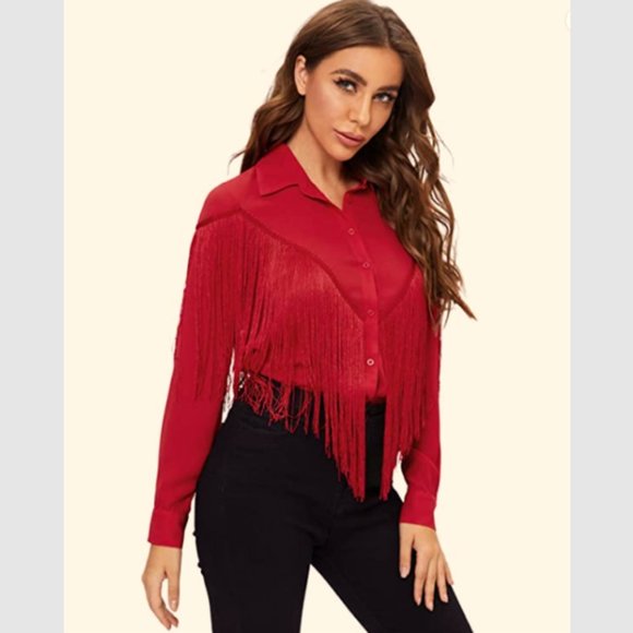 New with Tags Verdusa Women's Fringe-Trim Red Blouse, Size XL - Picture 8 of 12